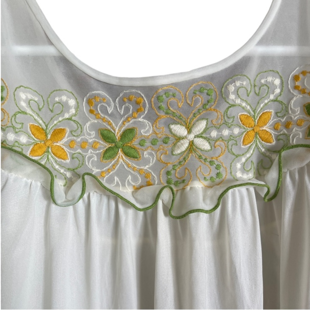Vintage 70s 80s Nightgown Orange Green Embroidery White M/L - Picture 3 of 4